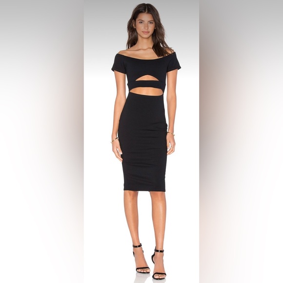 Donna Mizani Long Sleeve Marilyn Off Shoulder Cutout Bodycon Midi Dress in Black - Picture 4 of 10